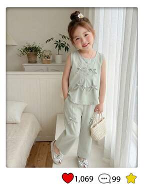 SHEIN Conjunto de top sin mangas y pantalones casuales con decoración de lazo 3D minimalista en rosa sólido y verde, adecuado para uso diario y vacaciones, primavera/verano, para niñas jóvenes