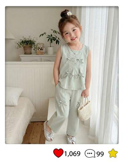 SHEIN 女童纯色粉色和绿色简约3D蝴蝶结装饰无袖上衣和休闲裤套装，适合日常穿着和度假，春夏款