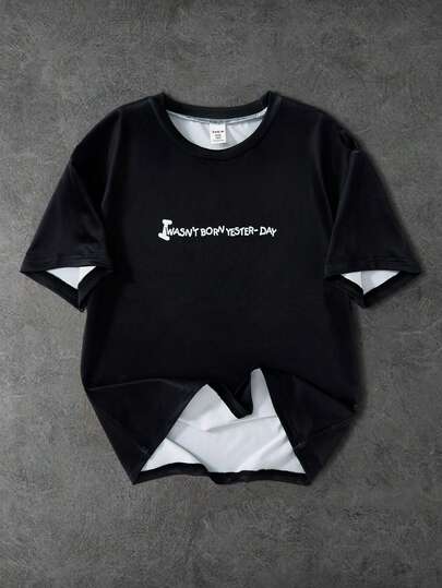 Coolqubz Teenage Boys' Casual Street Style Black Letter Graphic Round Neck T-Shirt, Versatile For Daily, Commute, Sports, School Wear