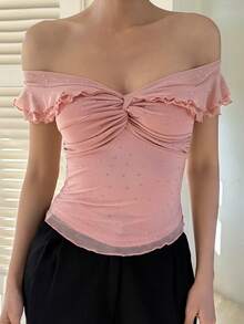 DAZY Women's Elegant Rhinestone Embellished Front Twist Ruched Off Shoulder Top, Summer - Pink - View 4