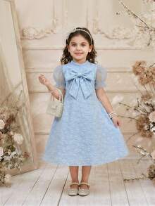 Glamorique Kids Kids Everyday Casual Light Blue Polyester Mini Dress A Line Half Sleeve Puff Sleeve Round Neck Big Bow - Blue - View 3