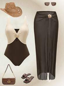 SHEIN Swim Oasis 女士优雅高端度假风卡其色和棕色撞色V领修身连体泳衣带裙 - 彩色 - 查看 1