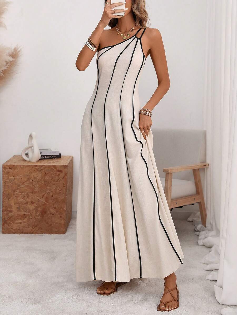 Wandoria 女士纯色亚麻抽绳吊带连衣裙，可调节双肩带，A字裙摆，无袖，可调节腰围，露背，中长款，优雅法式复古浪漫简约风格，适合办公室、通勤、商务、休闲、海滩、度假、春夏等场合。 - 杏色 - 查看 1