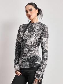 ROMWE Avant Spring/SummergraphicWomen's New Chinese Style Mesh Koi Fish Textured Semi-Sheer Long Sleeve Top - Multicolor - View 7