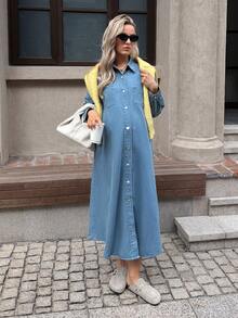 SHEIN 孕妇休闲水洗前扣牛仔连衣裙 情人节度假穿搭 女装 嘉年华 夏季春季 通勤 毕业季 时尚 Y2K 可爱 街头风 派对 婚礼 优雅 商务休闲 女装 - 藍色 - 查看 3