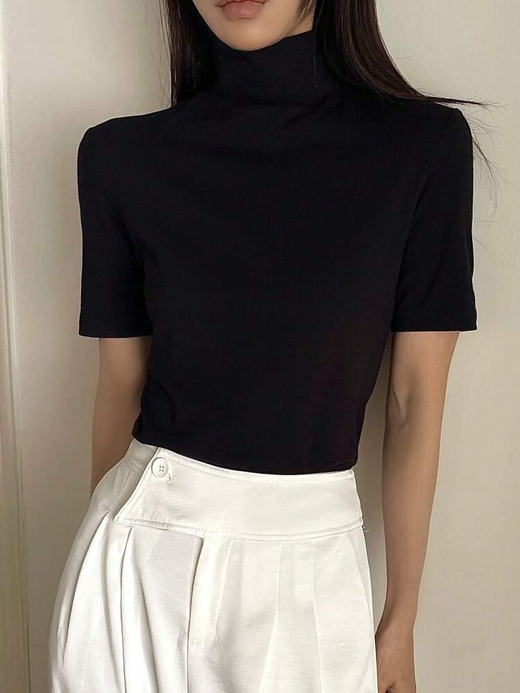 Women's Loose Casual Business Office Wear Black Turtleneck Short Sleeve T-Shirt, Suitable For Spring And Summer