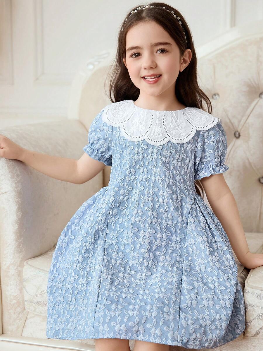 Elladie kids 1 st flickvänlig vävd texturerad blå jacquardtyg vit broderad krage puffärm öppen framtill midja åtsittande casual semester mångsidig söt prinsessklänning för skolan, födelsedagsfest - Blå - Visa 1