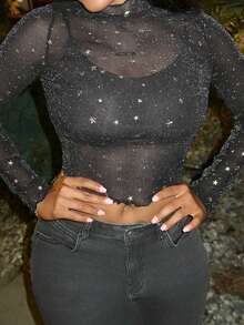 Tyla Gomez 生菜饰边星形网眼上衣，Blingbling 打底 T 恤 - 黑色 - 查看 3