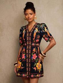 Travachic V-Neck Short Sleeve Fitted Women Mini Dress - Black - View 5