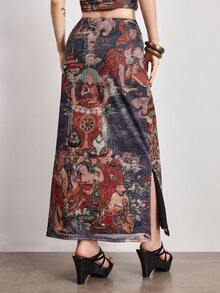 ROMWE Avant Chân váy lưới xẻ tà bên hông in hình Phật theo phong cách Trung Hoa cổ điển dành cho nữ. - màu đen - Xem 3