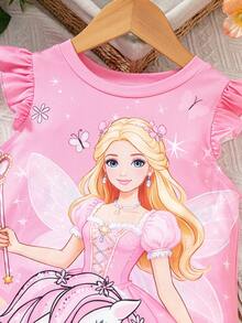 SHEIN Đầm cổ tròn tay bồng cho bé gái, dáng chữ A rộng rãi, thoải mái và năng động, tông hồng nhạt kết hợp họa tiết hoạt hình, đúng gu của các bé gái, chất liệu mềm mại và thân thiện với da, phù hợp cho mặc hàng ngày hoặc đi chơi thường ngày. - Hồng - Xem 6