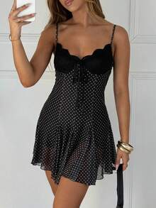 CurvyTilda 大码蕾丝拼接波点吊带A字情人节连衣裙 - 黑色 - 查看 3