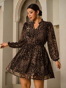 SHEIN CURVE+ 大码女式雪纺豹纹长袖连衣裙，V领系腰A字短款连衣裙，秋冬叠穿连衣裙 - 彩色 - 查看 5