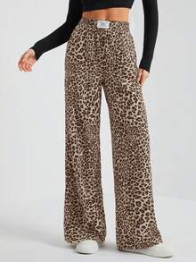 SHEIN Tall Women's Wide-Leg Street Trousers In Leopard Print Woven Cute Pants Cheetah Pants Animal Print Clothes Pants Wide Leg Leopard Pants Wide Leg Pants Animal Print Pants - Multicolor - View 8