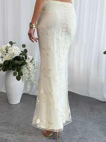 Aloruh 优雅浪漫刺绣网纱拼接半身裙，适合婚礼、约会、情人节等场合，低腰刺绣鱼尾长裙，优雅假日裙 - 杏色 - 查看 6