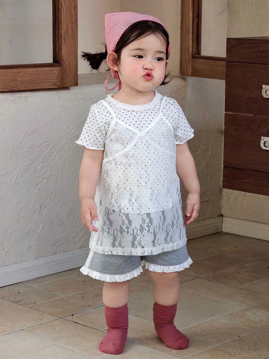 DAZY 女童休闲蕾丝吊带背心 - 白色 - 查看 1