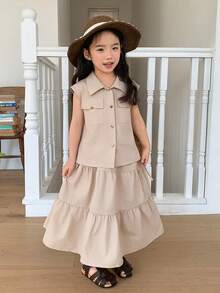 DAZY 2pcs Young Girls Solid Color Pleated Collar Sleeveless Shirt And Skirt Set - Khaki - View 4