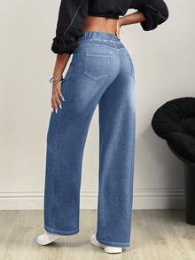Flexra Women's Knitted V-Shaped Cross Design Elastic Waist Pocket Distressed Denim Jeans - Medium Wash - View 2