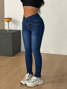 SHEIN PETITE PETITE Summer And Spring Women's Fashion Casual Elastic Cross-Over Waistband Design Comfort Knit High-Stretch Skinny Denim Jeans - Medium Wash - View 4