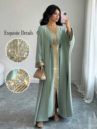 Elenzga Women's Casual Green Lace Patchwork Sleeveless Dress With Loose Outer Robe, 2-Piece Set, Early Spring