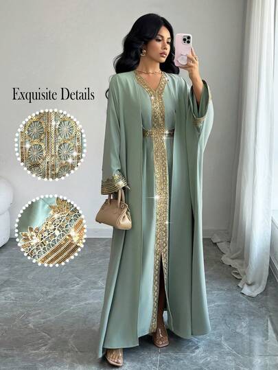 Elenzga Gaun Tanpa Lengan Kasual Wanita Warna Hijau dengan Motif Renda dan Jubah Luar Longgar, Set 2 Potong, Awal Musim Semi