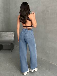 EURMUSE JEANS DE PIERNA ANCHA Y CINTURA MEDIA PARA MUJER - Celeste - Ver 2