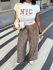 Solflare 2pcs/Set Plus Size White T-Shirt With Letter Print And Leopard Patterned Pants Leopard Print - Brown - View 1