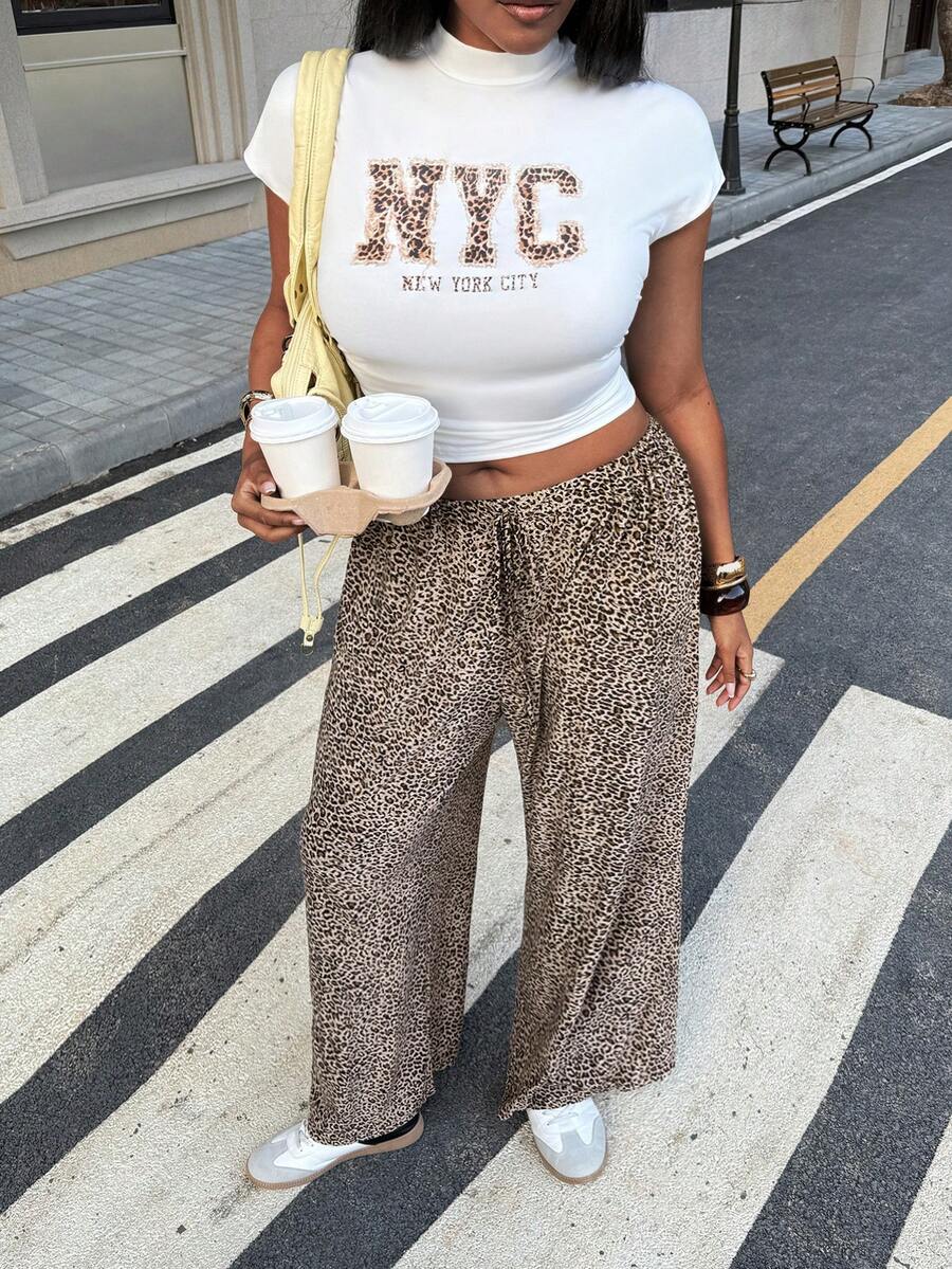 Solflare 2pcs/Set Plus Size White T-Shirt With Letter Print And Leopard Patterned Pants Leopard Print - Brown - View 1