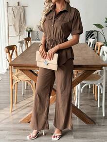 EMERY ROSE 女士抽绳短袖衬衫和休闲修身裤两件套 - 咖啡棕 - 查看 3