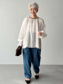 FRIFUL 女士纯色棉质休闲宽松衬衫，领口、下摆和袖口采用撞色滚边设计 - 白色 - 查看 2