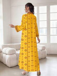 SHEIN Najma 女士优雅花卉几何对称印花长袖立领睡袍，适合春夏穿着 - 彩色 - 查看 2
