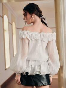 Anewsta 女士露肩长袖纯色花卉装饰时尚衬衫 - 白色 - 查看 2