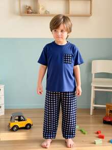 1set Young BoyPlaid Print Short Sleeve Top And Pants 2 Pieces Pajama Set, Casual, Spring/Autumn - Blue - View 3