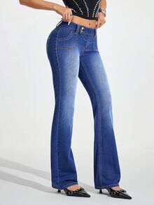 Jeanoix 女士纽扣腰袋设计休闲百搭喇叭裤 - 藍色 - 查看 6