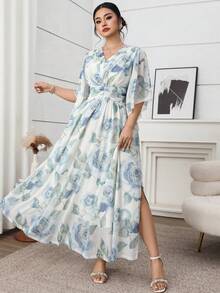 Vestido elegante de mujer talla grande con estampado floral, cintura fruncida y mangas con volantes - Multicolor 2 - Ver 5