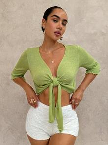 Glamine 女士休闲纯色系带针织上衣 - 橄欖綠 - 查看 3