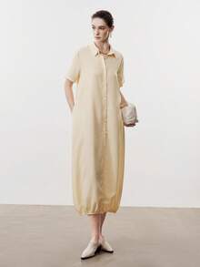 Aalyst 女士优雅法式休闲/通勤/度假/下午茶浪漫高品质棉麻衬衫领褶皱下摆喇叭形宽松长袖连衣裙，春夏款 - 杏色 - 查看 5