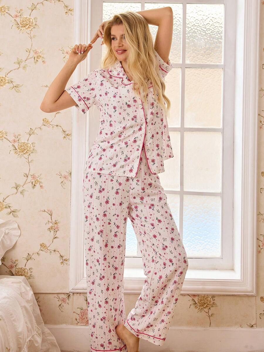 CottageSlumber 女士碎花翻领开衫短袖睡衣套装 - 粉色 - 查看 1