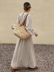 Livesso 高领收腰条纹中长连衣裙，女士吊带裙 - 卡其色 - 查看 6