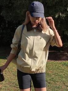 Livesso Women's Casual Jacket With Collar And Contrast Panels - Khaki - View 1