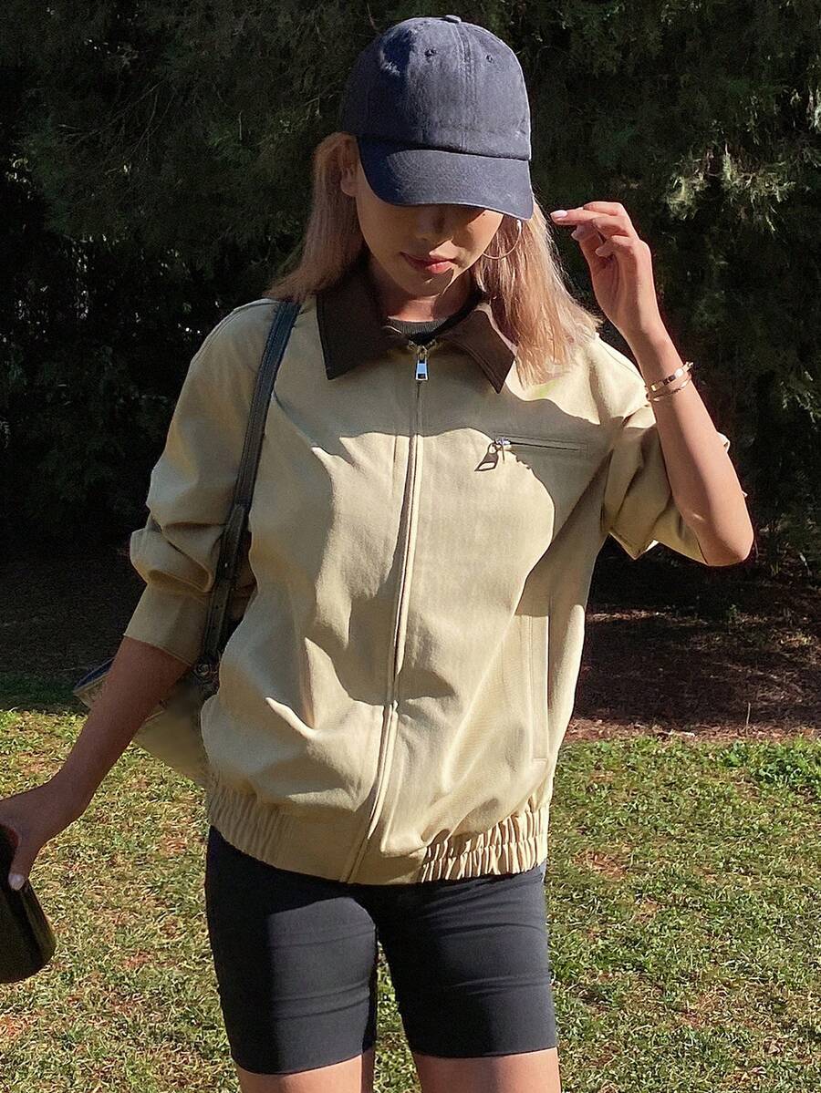 Livesso Women's Casual Jacket With Collar And Contrast Panels - Khaki - View 1
