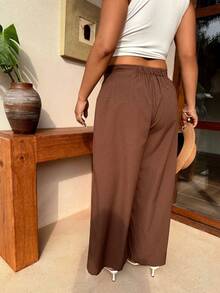 SHEIN EZwear 大码女式极简休闲复古贵族通勤高腰纹理阔腿裤，棕色，秋季 - 棕色 - 查看 2