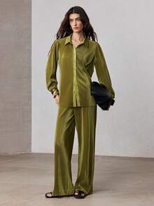 ZEYLAH 2pcs Set Minimalist Loose Shirt And Pleated Pants, Spring - Olive Green - View 4