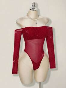 SHEIN ICON Women's Fashionable Sexy Off-Shoulder Long Sleeve Bodysuit - Burgundy - View 3