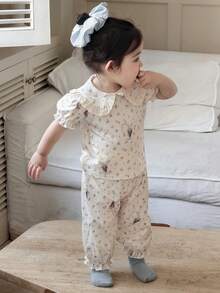 DAZY 2pcs Baby Girls' Peter Pan Collar Cartoon Print Long Sleeve T-Shirt & Ruffle Trim Pants Comfortable Homewear Set, Korean Style Toddler Girls Clothes - Beige - View 5