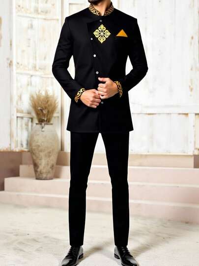 Manfinity AFTRDRK Men's Shirt Set, Black Middle Eastern Style Mandarin Collar Printed Formal Shirt, Boyfriend Gift,Men Old Money,Daily Leisure, Weekend Trips, Outdoor Activities, Travel Expeditions, Relaxed Work Environments Or Semi-Formal Occasions, Boyfriend/Husband Gift, Anniversary /Birthday Gift Party Summer Vacation Holiday,Wedding,Spring To Summer,Mardi Gras,Black And Gold Men Suit,Men Wedding Outfit,Black Suit For Groom,Party Wear For Men,Wedding Groom Suit