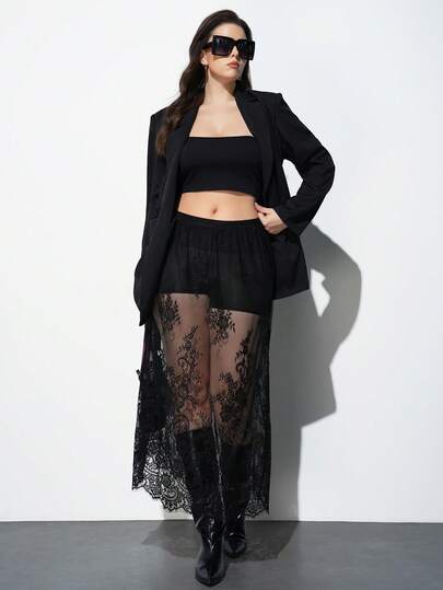 Maija Falda larga a juego de encaje negro transparente y sexy para mujer de talla grande, adecuada para otoño, invierno y todo el año, ropa de mujer de otoño