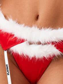 Missguided x Playboy Christmas Santa Inspired Bralette And Thong Set With White Faux Fur Trim And Decorative Strappy Details
