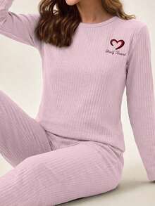 EURMUSE 100%Cotton Letter Embroidery Ribbed Knit Lounge Set - Baby Pink - View 3