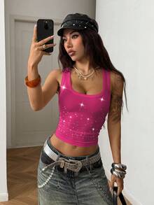 StreetHx Women's Street Style Rhinestone Ruched Fitted Cropped Tank Top - Pink - View 5